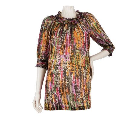 George Simonton Printed Top with Smocked Neckline and Cuffs - A221689