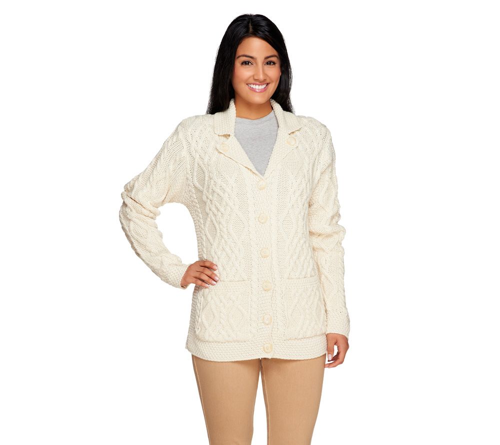 Aran Craft Merino Wool Button V-Neck Cardigan w/ Pockets - A231189