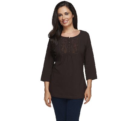 Denim & Co. 3/4 Sleeve Tunic with Embroidery Detail - A215890