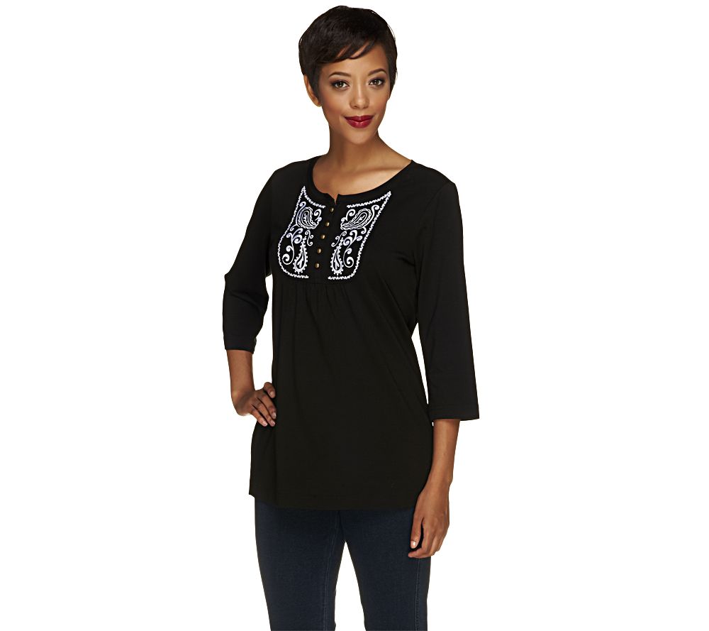 Denim & Co. 3/4 Sleeve Tunic with Embroidery Detail - A215890