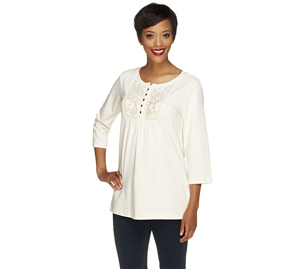 Denim & Co. 3/4 Sleeve Tunic with Embroidery Detail - A215890
