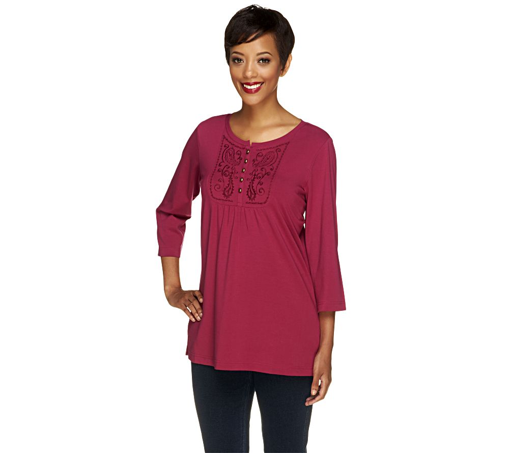 Denim & Co. 3/4 Sleeve Tunic with Embroidery Detail - A215890