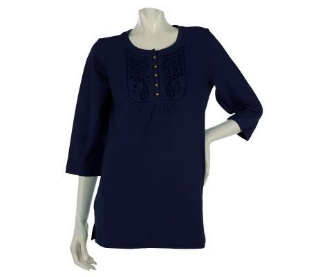 Denim & Co. 3/4 Sleeve Tunic with Embroidery Detail - A215890