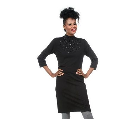 Isaac Mizrahi Live! Jewel Encrusted Mock Neck Knit Dress - A218890