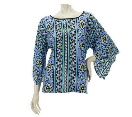 Bob Mackies Jewel Neck Printed Top with Split Bell Sleeves - A221790