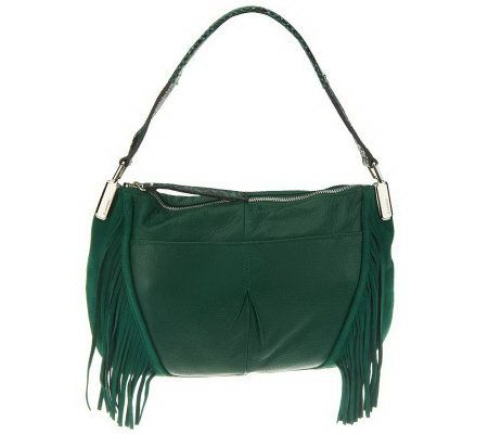 B. Makowsky Pebble Leather Zip Top E/W Shoulder Bag w/Fringe Detail - A225990