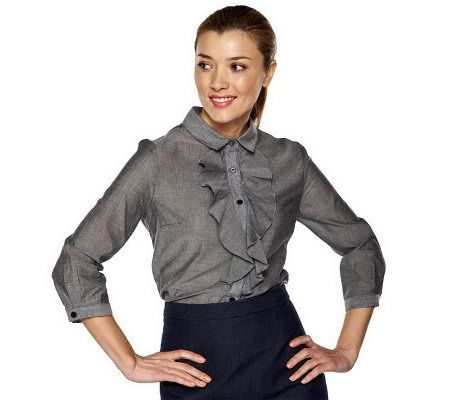 As Is Isaac Mizrahi Live 100Cotton Ruffle Chambray Blouse - A229990
