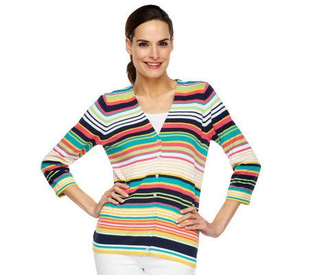 Liz Claiborne New York 3/4 Sleeve V-Neck Striped Cardigan - A231490