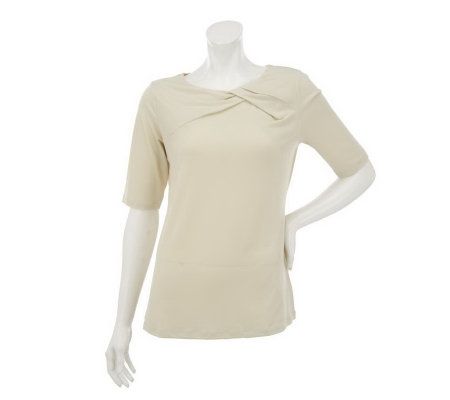Susan Graver Liquid Knit Elbow Sleeve Top with Pleat Detail - A233090