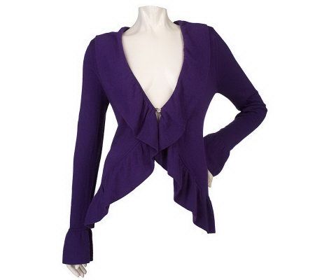 Dialogue Long Sleeve Ruffle Trim Cardigan with Button Closure - A91990