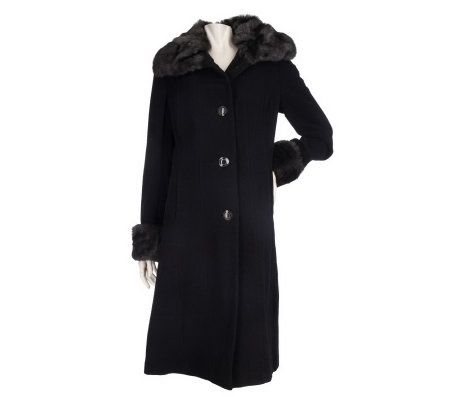 Dennis Basso Wool Blend Coat w/ Ruched Faux Mink Collar & Cuffs - A94390