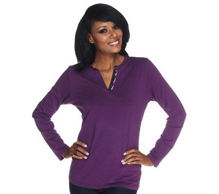 Denim & Co. Long Sleeve T-shirt with Sequin Trim - A203591