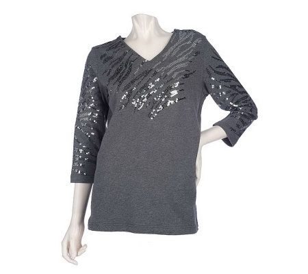 Quacker Factory 3/4 Sleeve Zebra Fun Sequin T-shirt - A209291