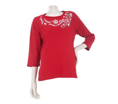 Quacker Factory 3/4 Sleeve Silver Scroll Beaded T-shirt - A209691