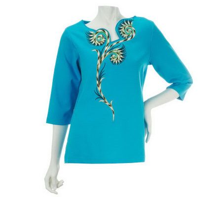 Bob Mackies Embroidered Floral Blouse w/ Asymmetrical Neckline - A213091