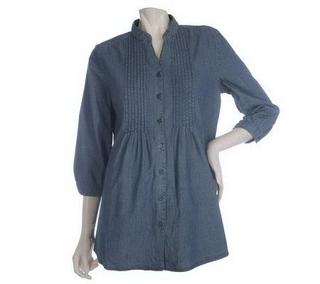 Motto Button Front Chambray Tunic with Pintuck Detail - A213991