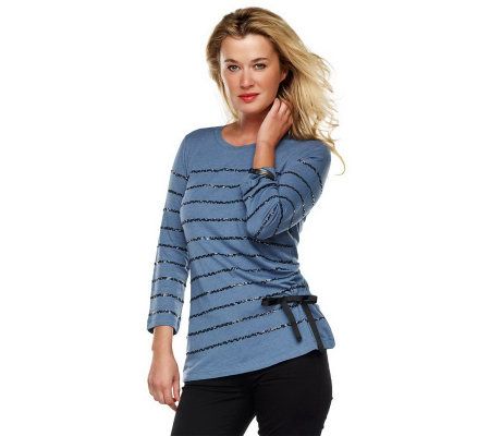 LOGO by Lori Goldstein Embellished 3/4 Sleeve Top with Tie Detail - A218291