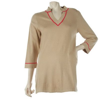 Susan Graver V-Neck Tunic Sweater with Mandarin Collar & 3/4 Sleeves - A220591