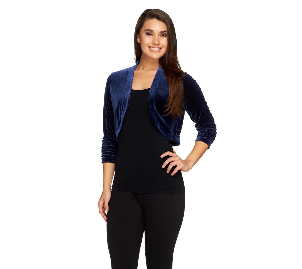 Susan Graver Velvet Shrug with 3/4 Ruched Sleeves - A228291