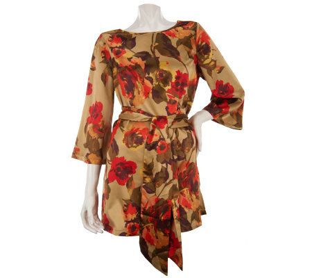 Dennis Basso Floral Printed Flare Tunic with Sash Belt and Side Slits - A229291