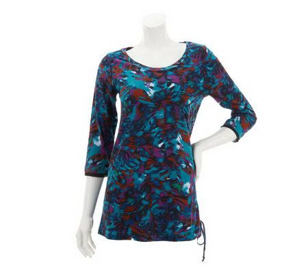 LOGO by Lori Goldstein Printed Knit Top with Ruching Detail - A231791