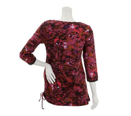 LOGO by Lori Goldstein Printed Knit Top with Ruching Detail