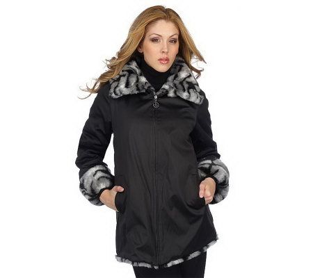 Dennis Basso Washable Satin Reversible to Printed Faux Fur Coat - A211692