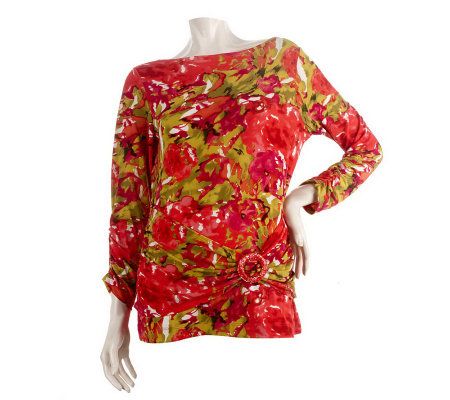 George Simonton Printed Top with Ruched Sleeves and Buckle Sash - A221692