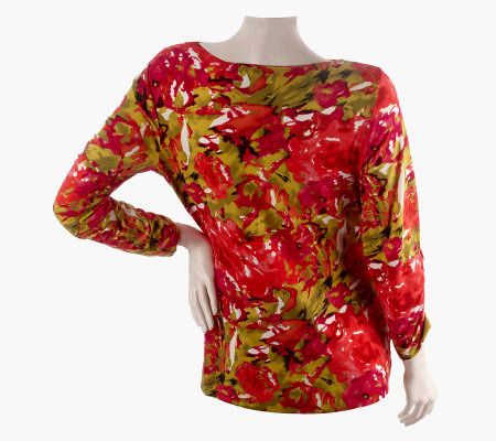George Simonton Printed Top with Ruched Sleeves and Buckle Sash