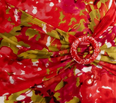 George Simonton Printed Top with Ruched Sleeves and Buckle Sash