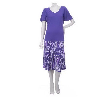Susan Graver Liquid Knit Solid V-neck Top with 6 Gore Pull-on Skirt - A222192
