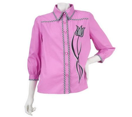 Bob Mackies 3/4 Sleeve Button Front Blouse with Gingham Detail - A224592