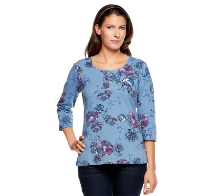 Denim & Co. 3/4 Sleeve Button Placket Floral Print T-shirt - A225592