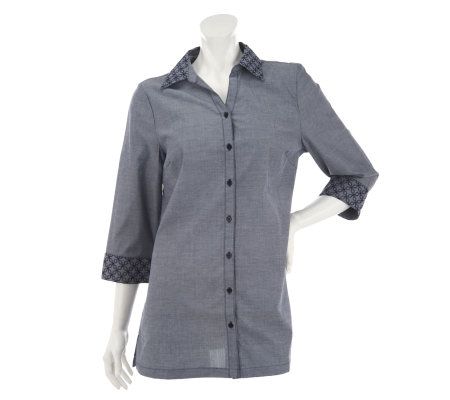 Liz Claiborne New York Button Front Chambray Tunic with Embroidery - A232492