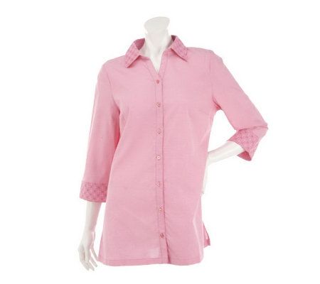 Liz Claiborne New York Button Front Chambray Tunic with Embroidery - A232492