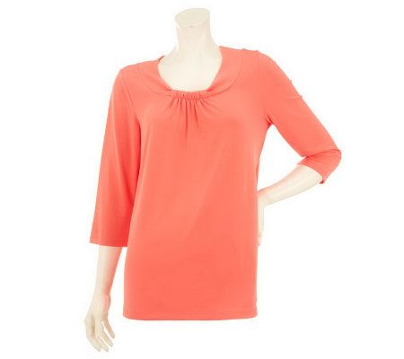 Susan Graver Liquid Knit Scoop Neck Top with Gathered Detail - A233092