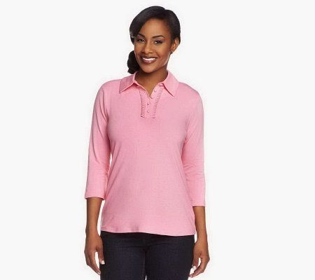 As Is Denim & Co. 3/4 Sleeve Knit Polo Top with Ruffle Detail - A236792