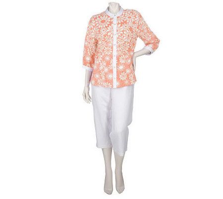 Bob Mackies Daisy Print Blouse & Crop Pants Set - A90192