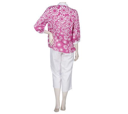 Bob Mackies Daisy Print Blouse & Crop Pants Set