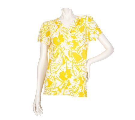 Susan Graver Liquid Knit Printed Short Sleeve Top with Ruched V-neck - A198693