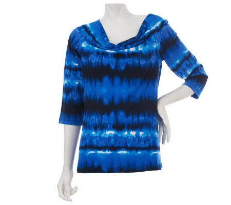 Susan Graver Liquid Knit Printed Tie Dye Drape Neck Top w/3/4 Sleeves - A201893