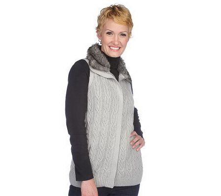 Liz Claiborne New York Zip Front Cable Vest with Faux Fur Collar - A210093