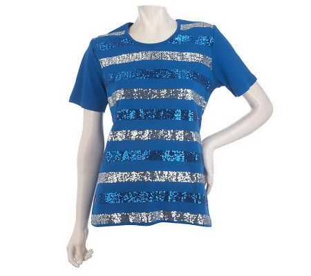 Quacker Factory Short Sleeve T-shirt w/ Sequin Stripe Design - A213793