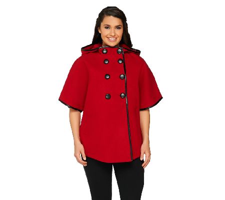 Centigrade Button Front Cape with Faux Leather Trim - A217993