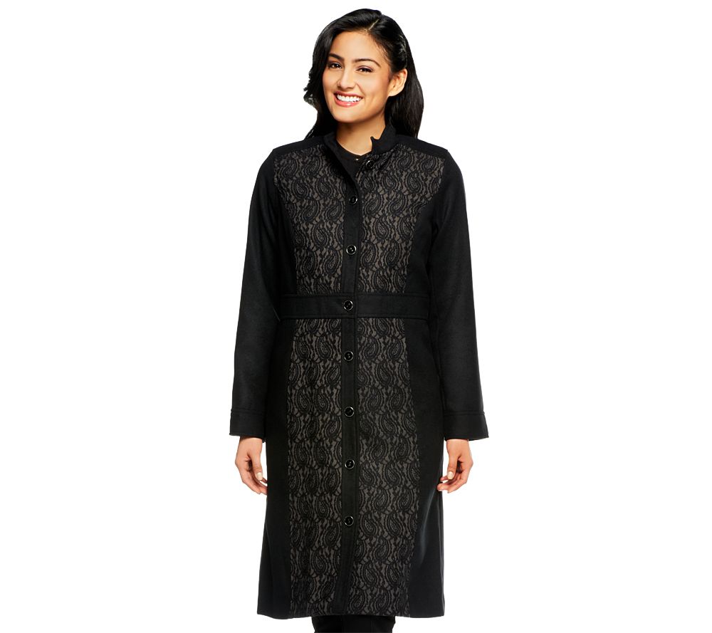 Isaac Mizrahi Live! Mandarin Collar Lace Jacquard Melton Coat - A228793
