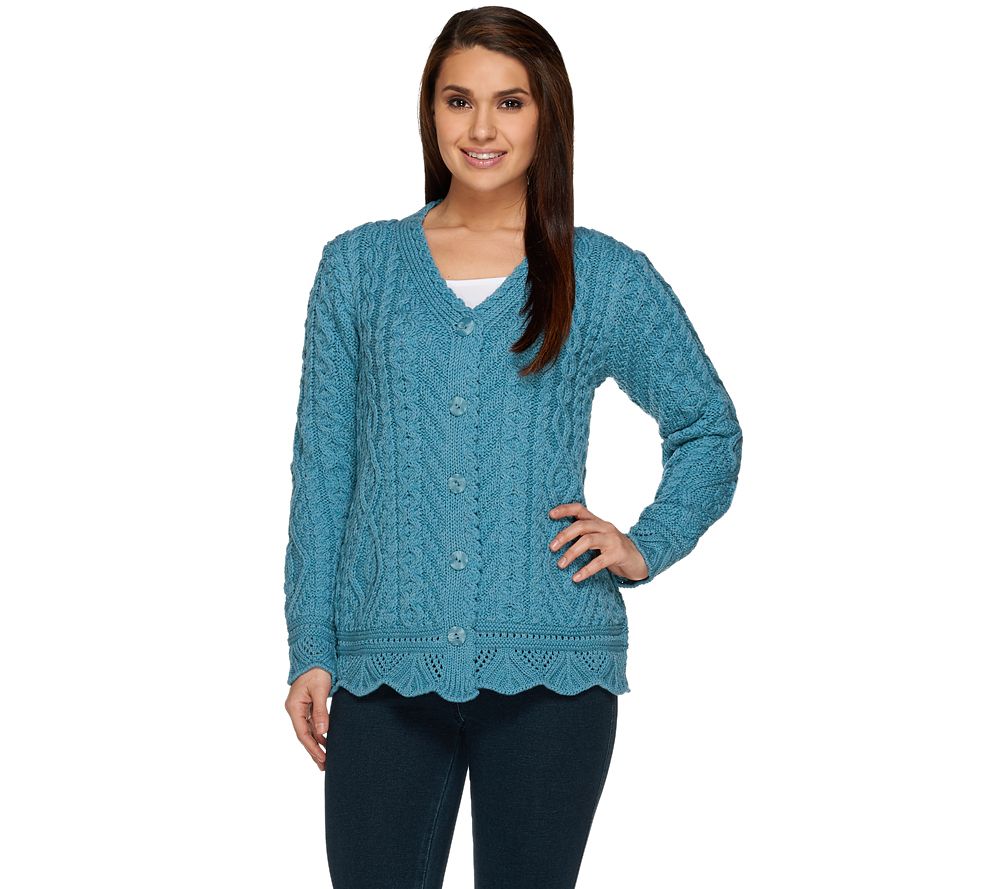 Aran Craft Merino Wool Button Front Scalloped Cardigan - A231193