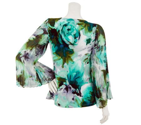 Susan Graver Printed Knit Top with Pleated Bell Sleeves
