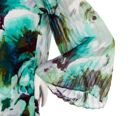 Susan Graver Printed Knit Top with Pleated Bell Sleeves