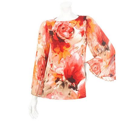 Susan Graver Printed Knit Top with Pleated Bell Sleeves - A233093