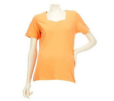 As Is Denim & Co. Essentials Short Sleeve Sweetheart Neckline Top - A236793